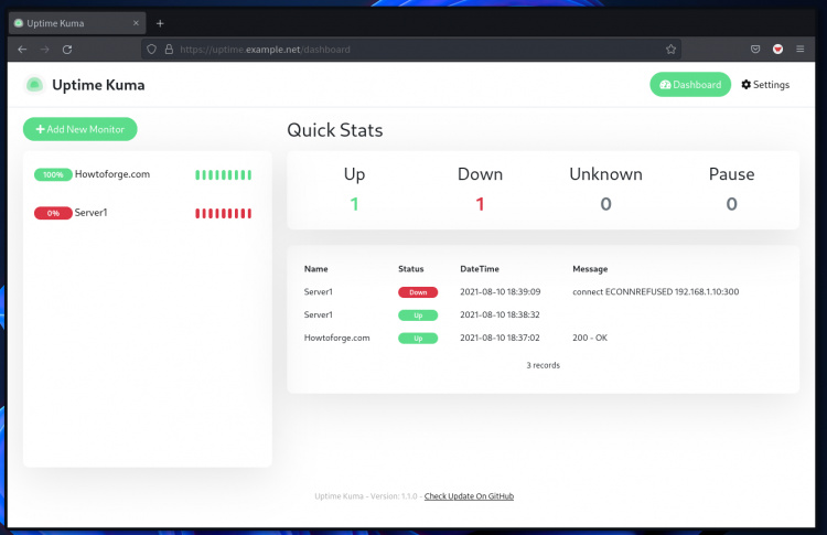 Monitorización del cuadro de mandos de Uptime-kuma
