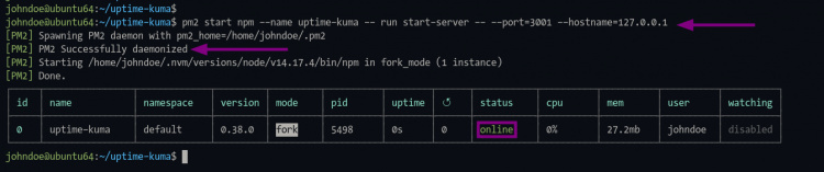 Iniciar Uptime-Kuma con el Gestor de Procesos pm2