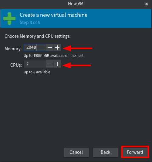 configuración de la memoria y la CPU para la máquina virtual