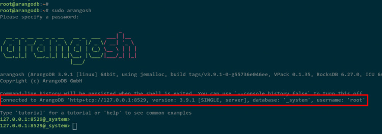 entrar en arangodb arangosh shell