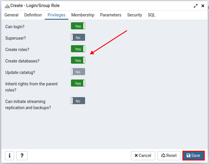 Privilegio para el nuevo usuario