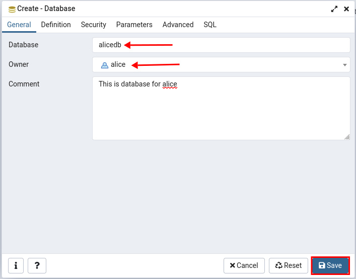 Configurar el nombre y el propietario de la base de datos