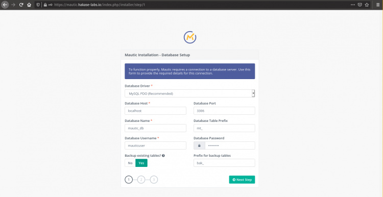 Configuración de la base de datos Mautic