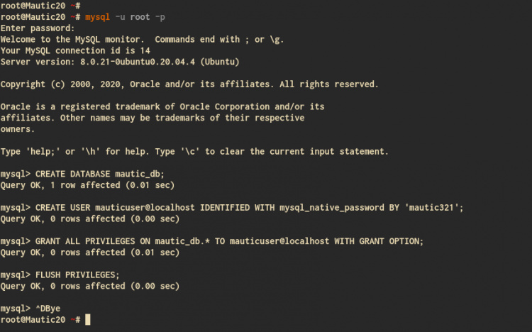 Crear base de datos y usuario para Mautic