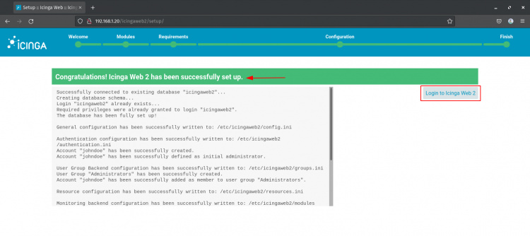 instalación de icinga 2 completada
