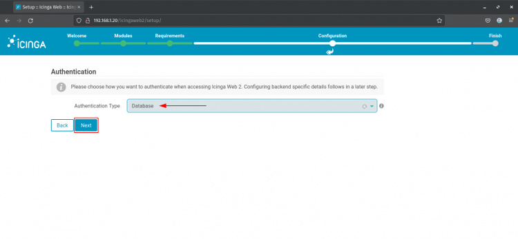 autentificación de la base de datos de icinga web 2
