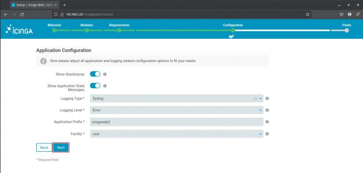 configuración y registro de la aplicación web 2 de icinga