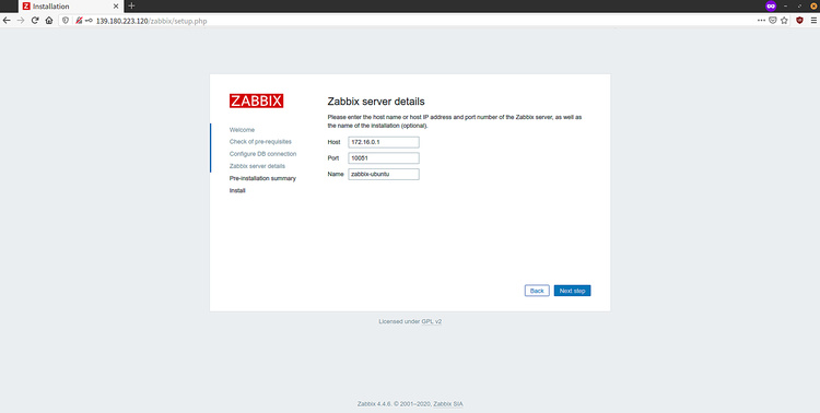 Detalles del servidor de la base de datos Zabbix