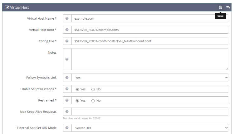 Configuración del host virtual OpenLiteSpeed