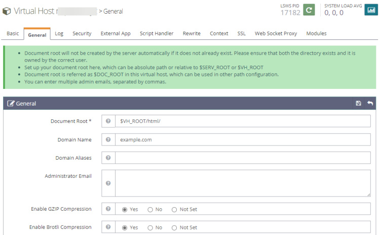Sección general del host virtual OpenLiteSpeed