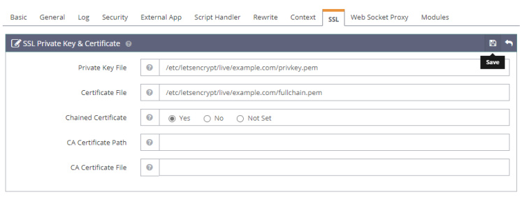 Clave y certificado SSL de OpenLiteSpeed Let's Encrypt
