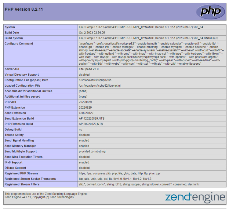 OpenLiteSpeed PHP Información