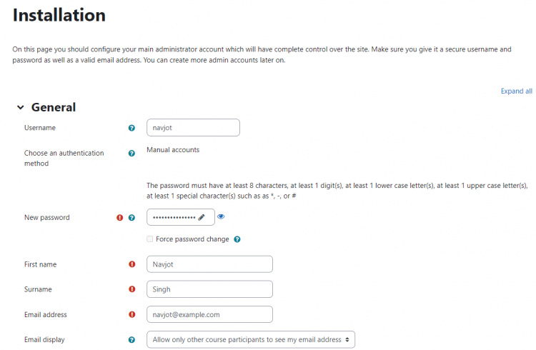 Configuración de la cuenta de administrador de Moodle