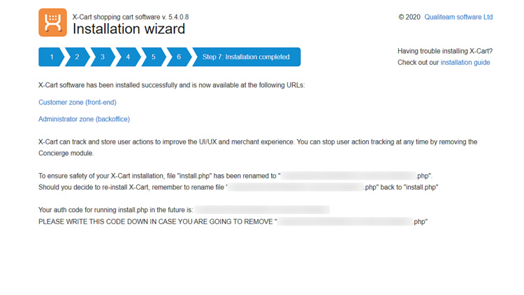 Instalación de x-Cart con éxito