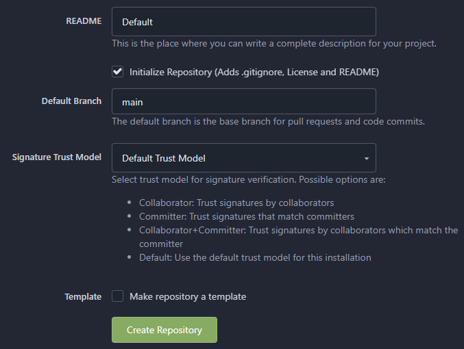 Página de configuración del nuevo repositorio de Gitea Parte 2