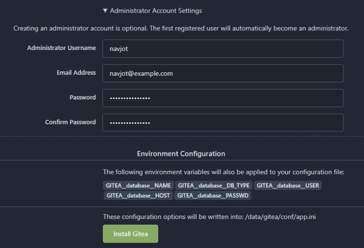 Configuración de la cuenta de administrador de Gitea