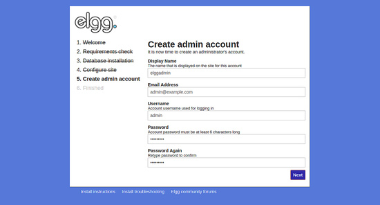 Crear cuenta de administrador en Elgg