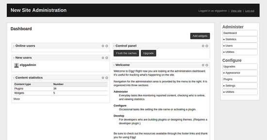Panel de control del Administrador de Elgg