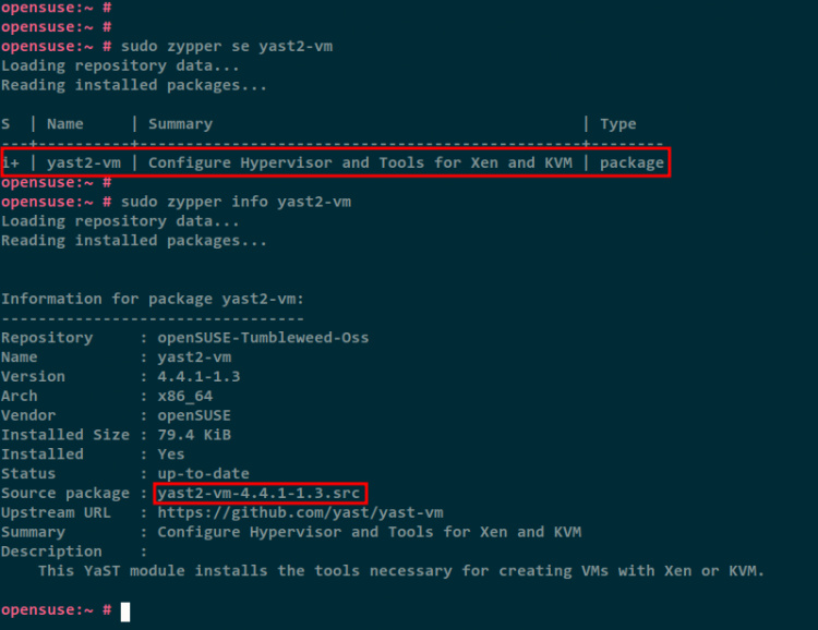 Comprobación del paquete yast2-vm