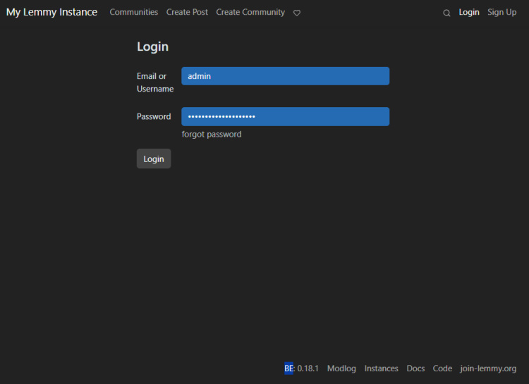 Página de inicio de sesión de Lemmy