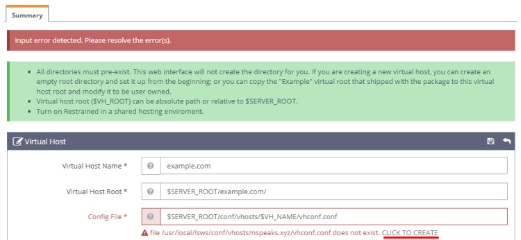 Configuración del host virtual OpenLiteSpeed
