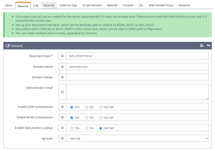 Sección general del host virtual