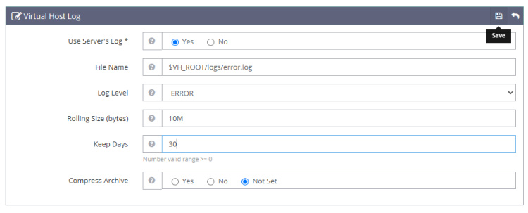 Registro de host virtual OpenLiteSpeed