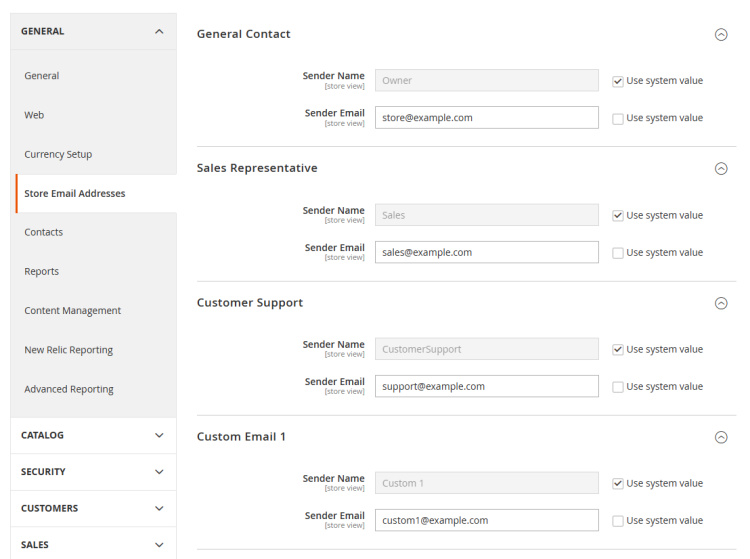 Página de direcciones de correo electrónico de tiendas Magento