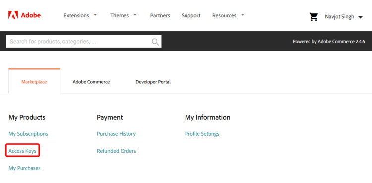 Página de claves de acceso al perfil de Adobe Magento