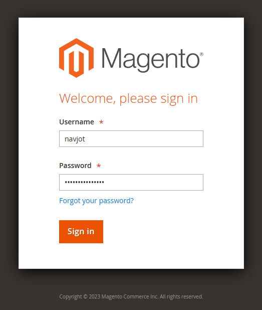 Página de inicio de sesión del panel de administración de Magento
