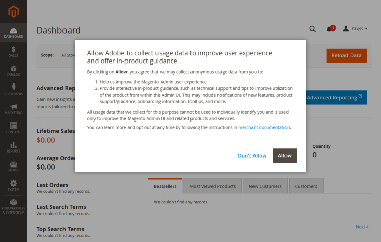 Panel de administración de Magento