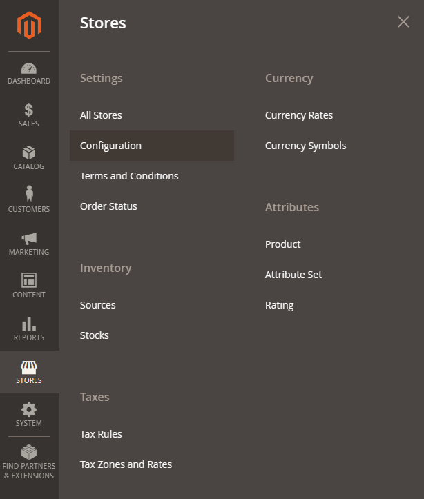 Magento Stores > Config Menu