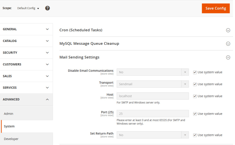 Configuración de envío de correo electrónico de Magento
