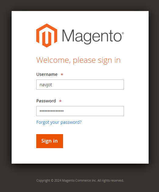 Página de inicio de sesión de Magento Admin