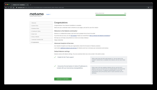 Se ha completado la instalación de Matomo