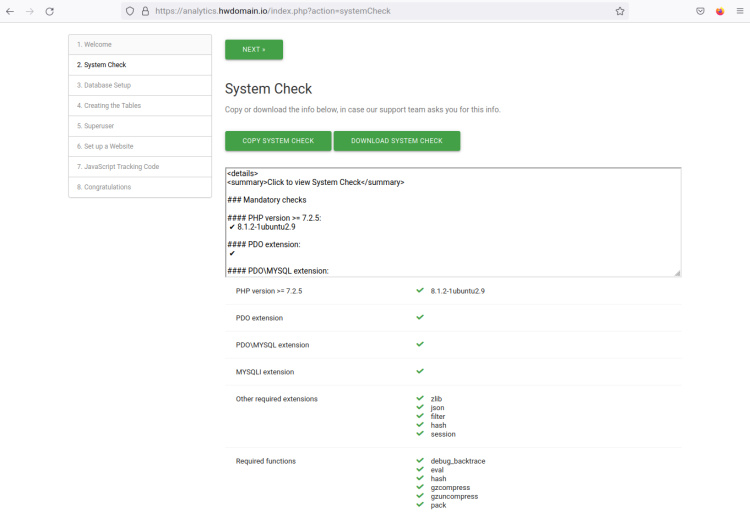 Comprobaciones del sistema Matomo