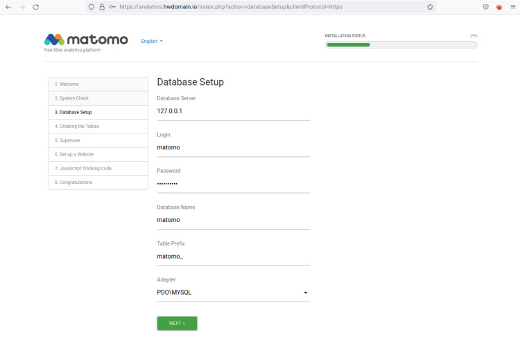 configuración de la base de datos