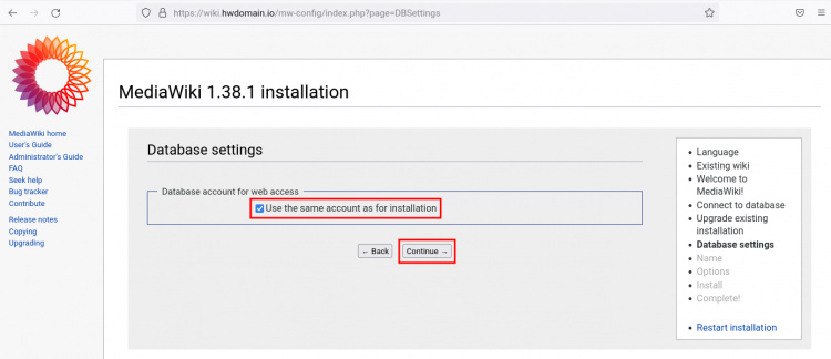 configuración por defecto de la base de datos