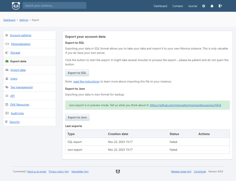 Página Monica Exportar Datos