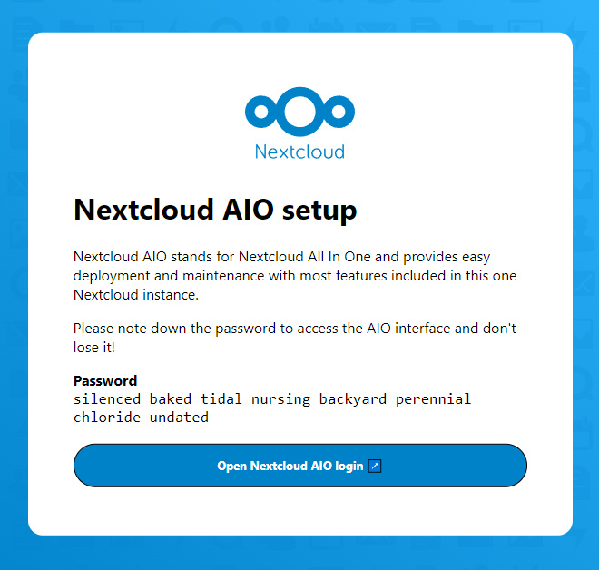 Página de configuración de Nextcloud AIO