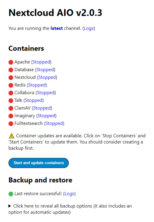 Restauración exitosa de Nextcloud AIO