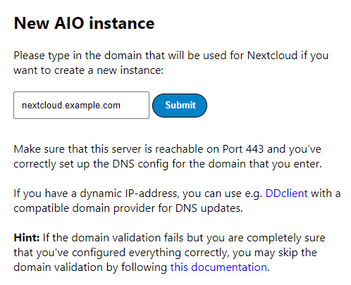 Nextcloud AIO Configuración de una nueva instancia