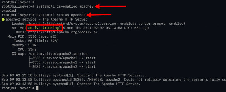 Comprobación de los estados de servicio de Apache