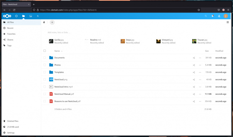 Panel de control de los archivos de usuario de Nextcloud
