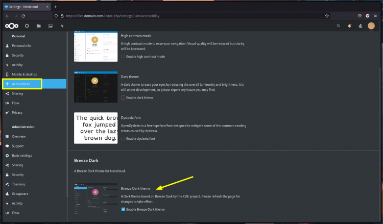 Tema oscuro de Nextcloud con Breeze