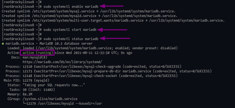 Comprobación del estado del servicio mariadb