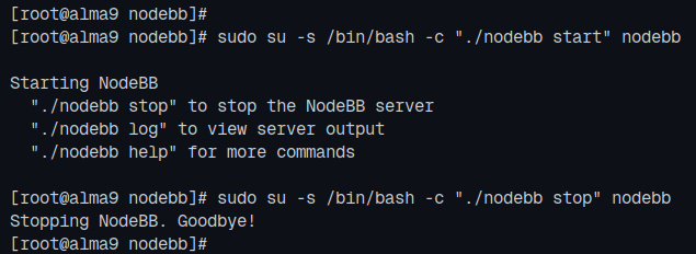 inicio y parada de nodebb