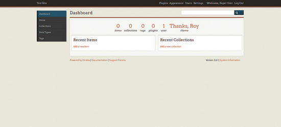 Panel de control de Omeka Classic