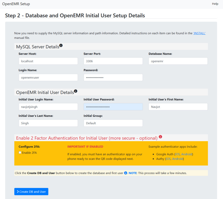 Base de datos OpenEMR y detalles de la cuenta