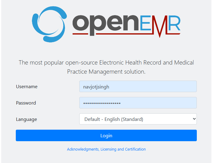Página de inicio de sesión de OpenEMR
